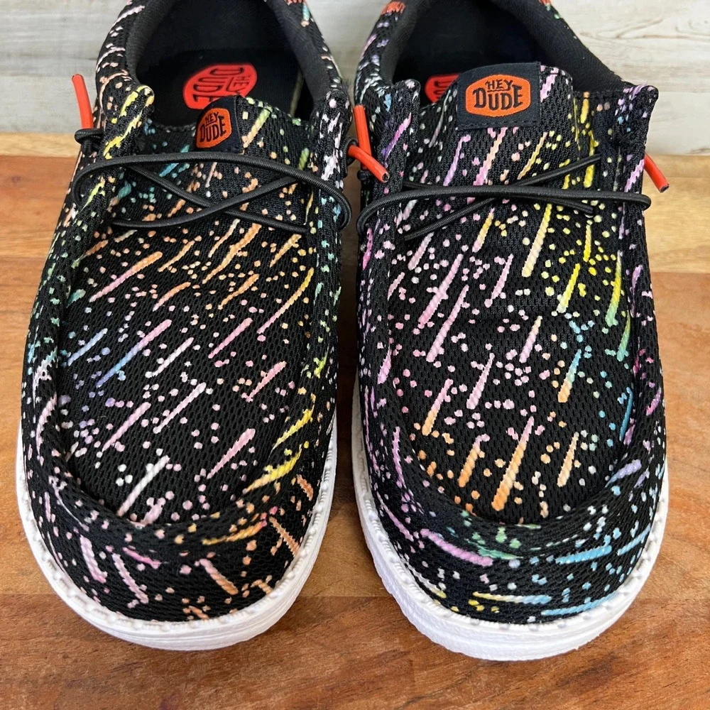 Hey Dude Wally Y Party Shoes J5 Black Rainbow Splatter Slip-Ons J5 43275-001